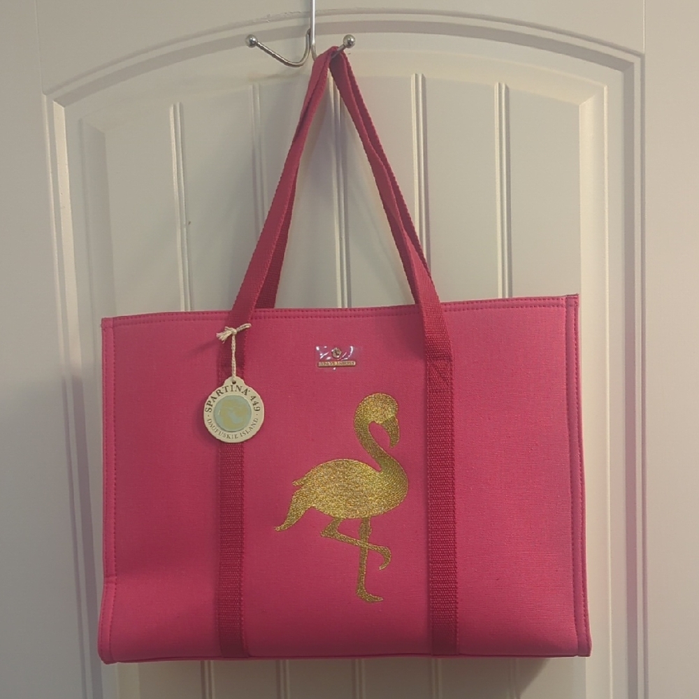 Spartina 449 Pink Tote Bag with Gold Flamingo Accent